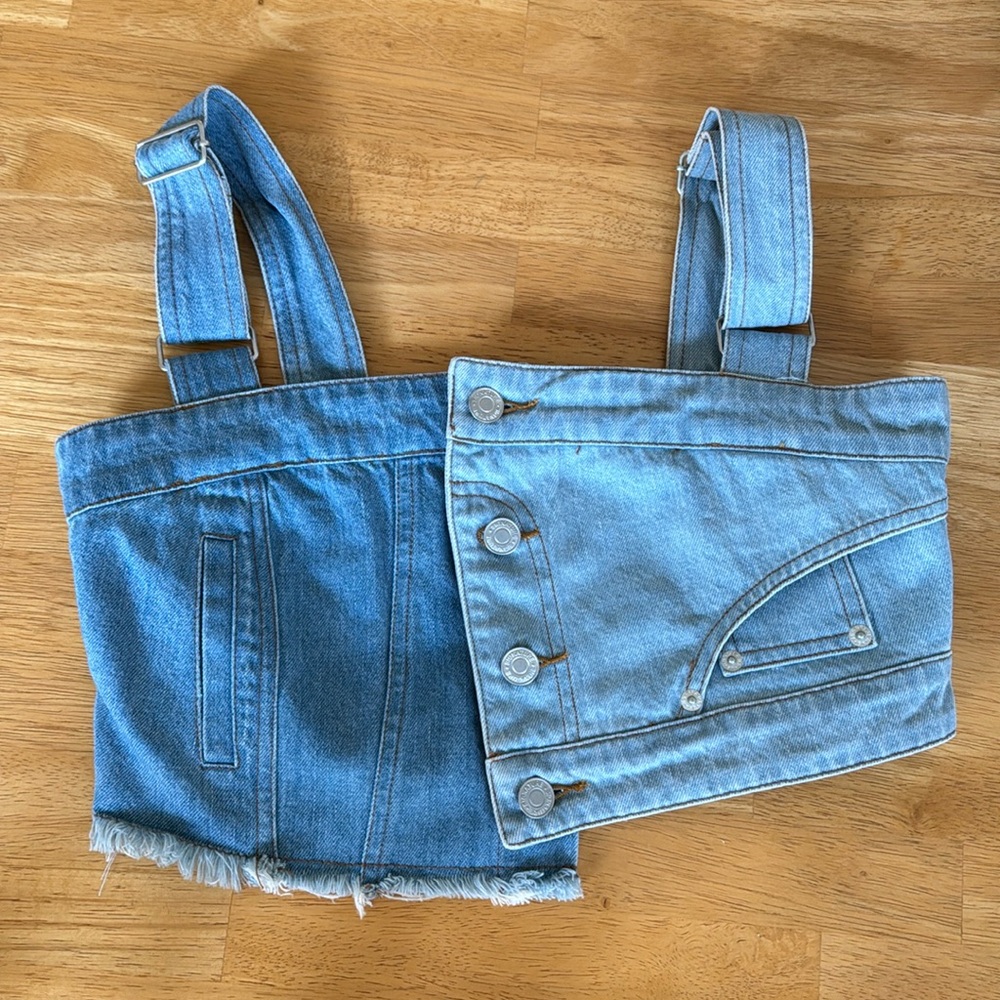 Asymmetrical Jean top with adjustable straps size small